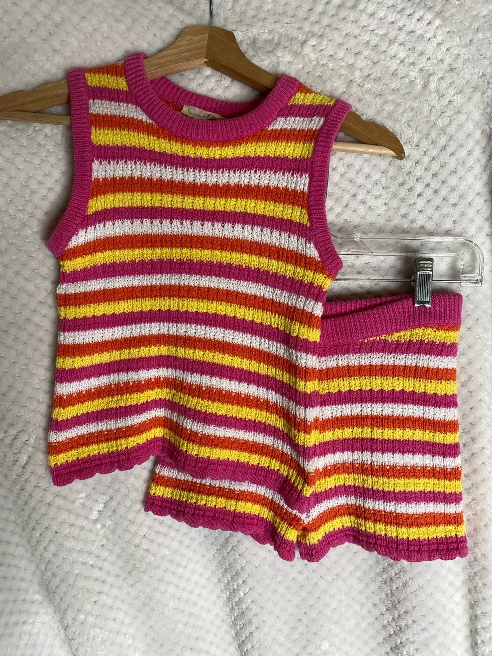 Jessica Simpson Hot Pink Yellow & White Striped Sweater Knit Tank and Shorts Set